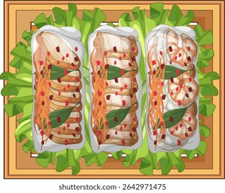 Vibrant vector illustration of Asian cuisine on a wooden tray. Features detailed textures, bold colors, and intricate design elements