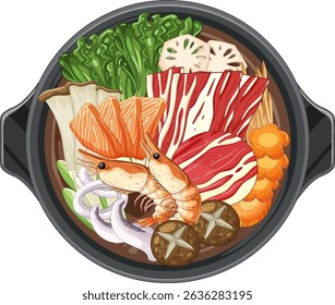 Vibrant vector illustration of an Asian hot pot with shrimp, vegetables, and mushrooms in a circular composition