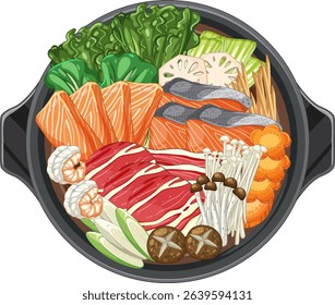 Vibrant vector illustration of an Asian hot pot with fresh ingredients. Detailed composition with rich colors and diverse textures