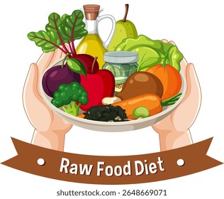 Vibrant vector illustration of assorted fresh vegetables and fruits in a bowl, emphasizing healthy eating and raw food diets