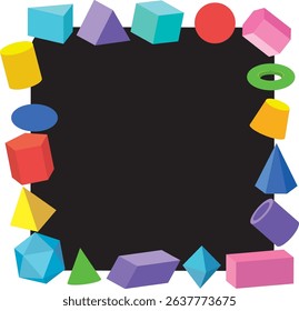 Vibrant vector illustration of assorted geometric shapes surrounding a black square. Bold colors and clean lines create a striking composition