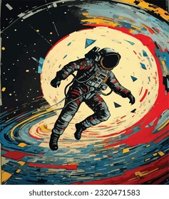 vibrant vector illustration of an astronaut adrift in colorful space. astral kaleidoscope