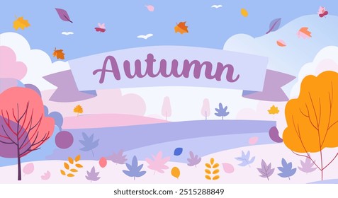 A vibrant vector illustration of an autumn landscape featuring colorful trees, falling leaves, and a banner with the word Autumn. Perfect for seasonal designs and fall-themed projects.