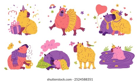 Una vibrante Ilustración vectorial de un conjunto de capibaras bebé, cada uno en poses y acciones únicas. Ideal para crear tarjetas y pegatinas para niños con diseños divertidos. Estilo plano de la historieta.