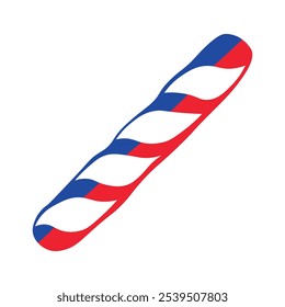 Uma ilustração vetorial vibrante de uma baguete em cores da bandeira francesa em um estilo de desenho animado. Festivais culturais franceses, eventos culinários que demonstram a cozinha francesa. produtos, serviços ou