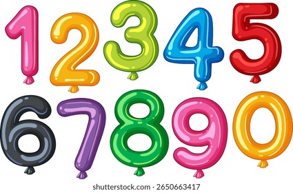 Vibrant vector illustration of balloon numbers 0-9 in various colors. Glossy finish with playful, rounded shapes