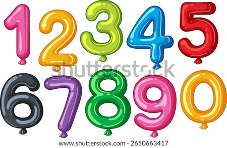 Vibrant vector illustration of balloon numbers 0-9 in various colors. Glossy finish with playful, rounded shapes