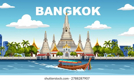 Vibrant vector illustration of Bangkok's Wat Arun temple with a traditional longtail river boat