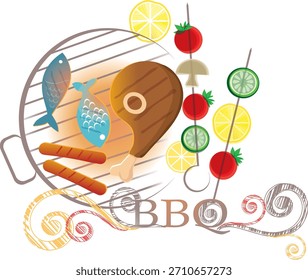 Uma ilustração vetorial vibrante de uma cena de churrasco com peixe grelhado, salsichas, bife e espetos coloridos de vegetais. A essência de um churrasco clássico, destacando itens de comida.