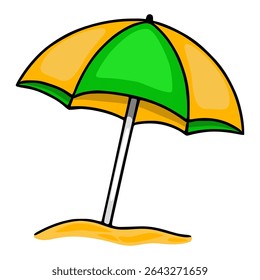 A vibrant vector illustration of a beach umbrella in yellow and green, playfully rendered with a cartoonish style, standing on a small patch of sandy beach.