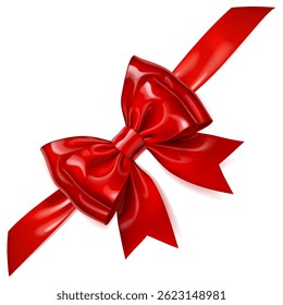 A vibrant vector illustration with beautiful large red shiny bow with diagonal ribbon and soft shadow on white background, perfect for gift wrapping or decorative purposes.
