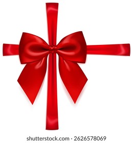 Uma ilustração vetorial vibrante com belo arco brilhante vermelho grande com fitas cruzadas e sombra suave sobre fundo branco, perfeito para embrulhar presente ou fins decorativos.