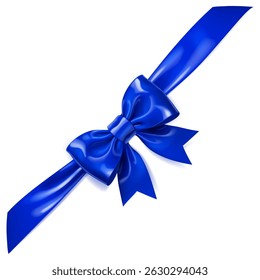 A vibrant vector illustration with beautiful large blue shiny bow with diagonal ribbon and soft shadow on white background, perfect for gift wrapping or decorative purposes.