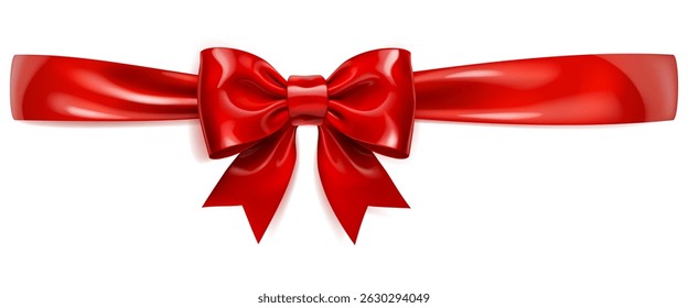 A vibrant vector illustration with beautiful large red shiny bow with horizontal ribbon and soft shadow on white background, perfect for gift wrapping or decorative purposes.