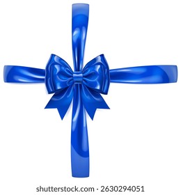 A vibrant vector illustration with beautiful large blue shiny bow with cross ribbons and soft shadow on white background, perfect for gift wrapping or decorative purposes.