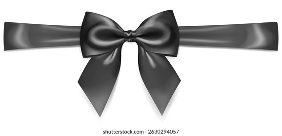 A vibrant vector illustration with beautiful large black shiny bow with horizontal ribbon and soft shadow on white background, perfect for gift wrapping or decorative purposes.