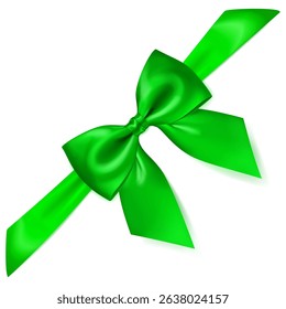 A vibrant vector illustration with beautiful large green shiny bow with diagonal ribbon and soft shadow on white background, perfect for gift wrapping or decorative purposes.
