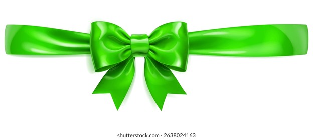 A vibrant vector illustration with beautiful large green shiny bow with horizontal ribbon and soft shadow on white background, perfect for gift wrapping or decorative purposes.