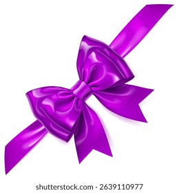 A vibrant vector illustration with beautiful large purple shiny bow with diagonal ribbon and soft shadow on white background, perfect for gift wrapping or decorative purposes.