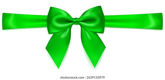 A vibrant vector illustration with beautiful large green shiny bow with horizontal ribbon and soft shadow on white background, perfect for gift wrapping or decorative purposes.