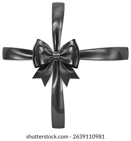 A vibrant vector illustration with beautiful large black shiny bow with cross ribbons and soft shadow on white background, perfect for gift wrapping or decorative purposes.