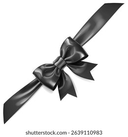 A vibrant vector illustration with beautiful large black shiny bow with diagonal ribbon and soft shadow on white background, perfect for gift wrapping or decorative purposes.