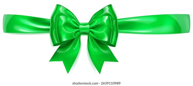 A vibrant vector illustration with beautiful large green shiny bow with horizontal ribbon and soft shadow on white background, perfect for gift wrapping or decorative purposes.