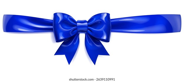 A vibrant vector illustration with beautiful large blue shiny bow with horizontal ribbon and soft shadow on white background, perfect for gift wrapping or decorative purposes.