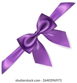 A vibrant vector illustration with beautiful large purple shiny bow with diagonal ribbon and soft shadow on white background, perfect for gift wrapping or decorative purposes.