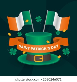 Vibrant vector illustration beautifully celebrates Saint Patrick's Day with a festive array of Irish symbols. A green leprechaun hat with a gold buckle takes center stage, flanked by two Irish flags.