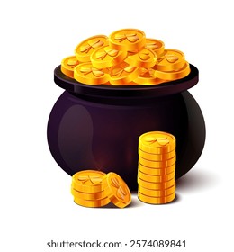 A vibrant vector illustration of a black pot filled with shiny gold coins adorned with shamrock symbols, symbolizing wealth, prosperity, and Irish luck. This festive design captures the spirit of St