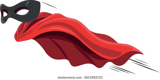 A vibrant vector illustration of a black superhero mask and flowing red cape suggesting speed and power.