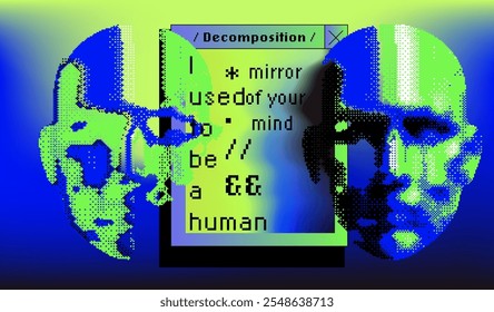 Vibrant vector illustration blending glitch art and surrealism, featuring a fragmented human face over a colorful gradient background, with pixelated text and retro computer window elements.