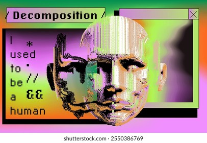 Vibrant vector illustration blending glitch art and surrealism, featuring a fragmented human face over a colorful gradient background, with pixelated text and retro computer window elements.