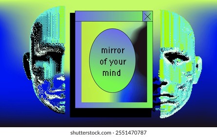 Vibrant vector illustration blending glitch art and surrealism, featuring a fragmented human face over a colorful gradient background, with pixelated text and retro computer window elements.