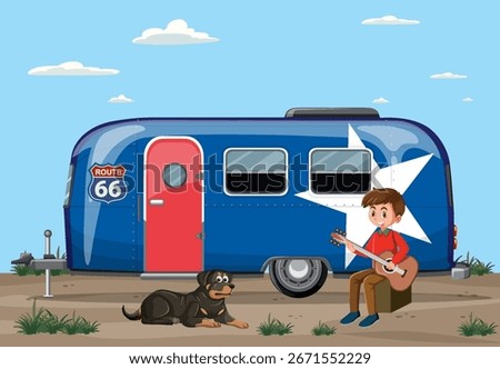 Vibrant vector illustration of blue camper, young guitarist, and dog relaxing outdoors under clear sky.
