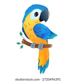 Ilustración vectorial vibrante de un loro guacamayo azul y amarillo con un pico negro posado en una rama frondosa. Un recurso gráfico de aves tropicales de alta calidad aislado en un fondo blanco