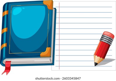 Vibrant vector illustration of a book and pencil on lined paper. Bold colors and clean lines enhance educational themes