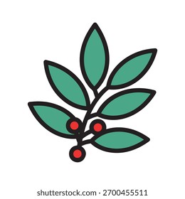 Vibrant vector illustration of a botanical branch with lush green leaves and bright red berries, perfect for seasonal designs.