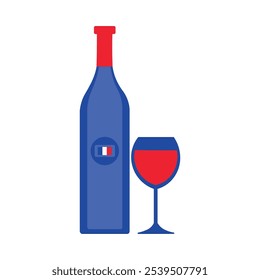 A vibrant vector illustration of a bottle and glass of red wine in colors of French flag in a cartoon style. French cultural festivals, culinary events showcasing French cuisine. French products,