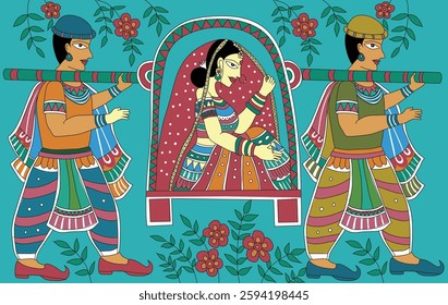 A vibrant vector illustration of a bride in a traditional palanquin, carried by two men, inspired by Indian folk art. Rich cultural details and intricate patterns make it perfect for decor, prints etc