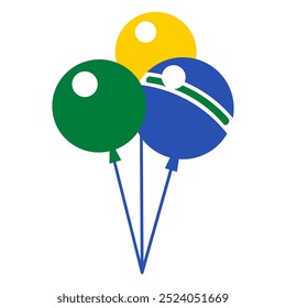 A vibrant vector illustration of a bunch of balloons in colors of the Brazilian flag in a flat cartoon style. Tourism campaign