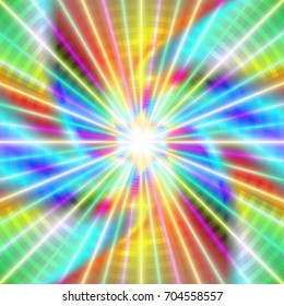 vibrant vector illustration with bunch of laser rays aimed in all directions and a very colorful psychedelic backdrop. 