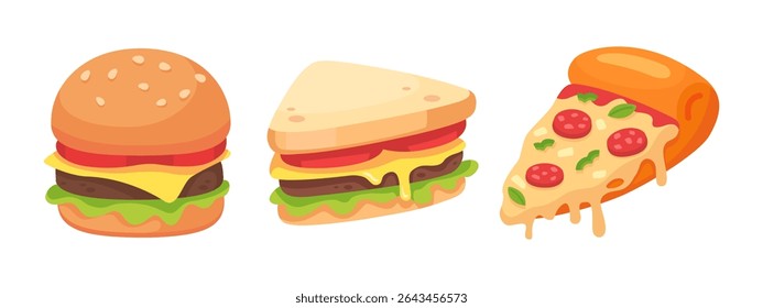 Vibrant vector illustration of a burger, sandwich, and pizza slice, perfect for food-related designs and promotions.