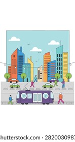Vibrant vector illustration of a bustling city street featuring a purple tram, cars, pedestrians, and colorful skyscrapers.