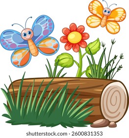 Vibrant vector illustration of butterflies and flowers with a log, featuring bright colors and playful composition