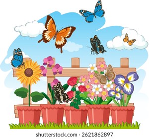 Ilustração vetorial vibrante de borboletas flutuando sobre diversas flores. Cores brilhantes e composição detalhada criam uma atmosfera de jardim animado