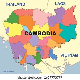 Vibrant vector illustration of Cambodia with borders, highlighting provinces in distinct colors, surrounded by neighboring countries