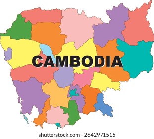 Vibrant vector illustration of Cambodia's map highlighting regions with distinct colors and bold typography