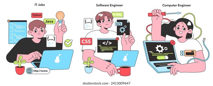 Vibrant vector illustration capturing IT professionals in their element, from coding in Python to engineering computers, embodying the spirit of tech innovation.